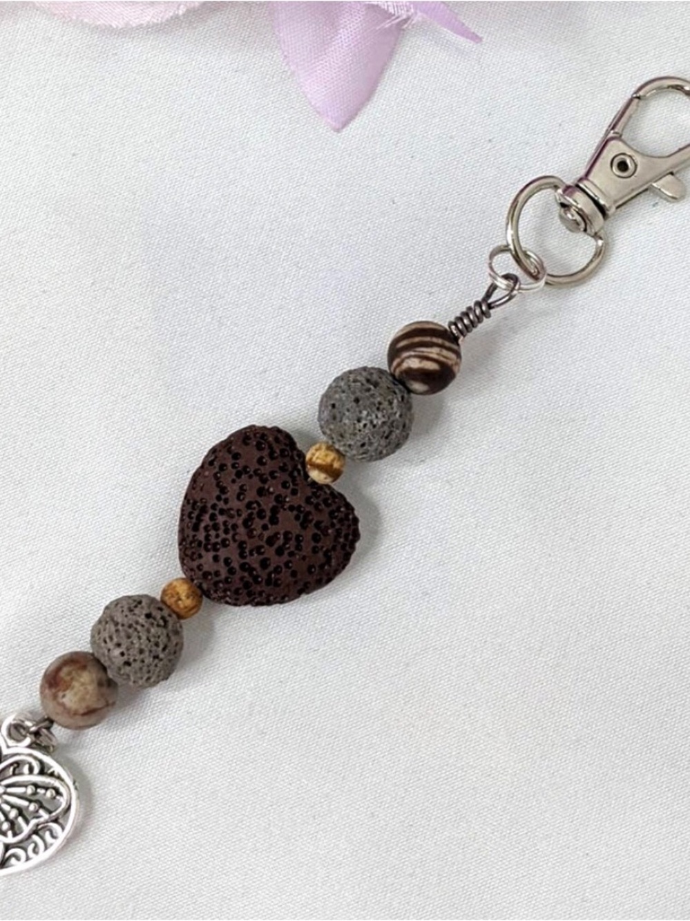 Hand Crafted Brown and Silver Heart Lava Stone Keychain